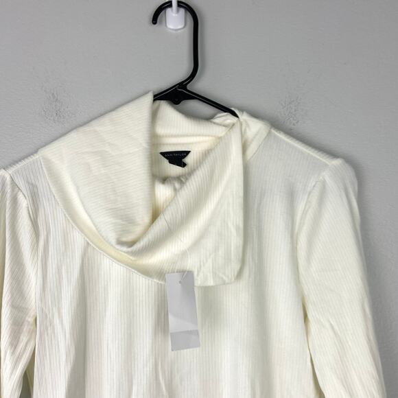 Ann Taylor Foldover Draped Neck‎ Top White Long Sleeve Ribbed Knit Size Small - Picture 3 of 9